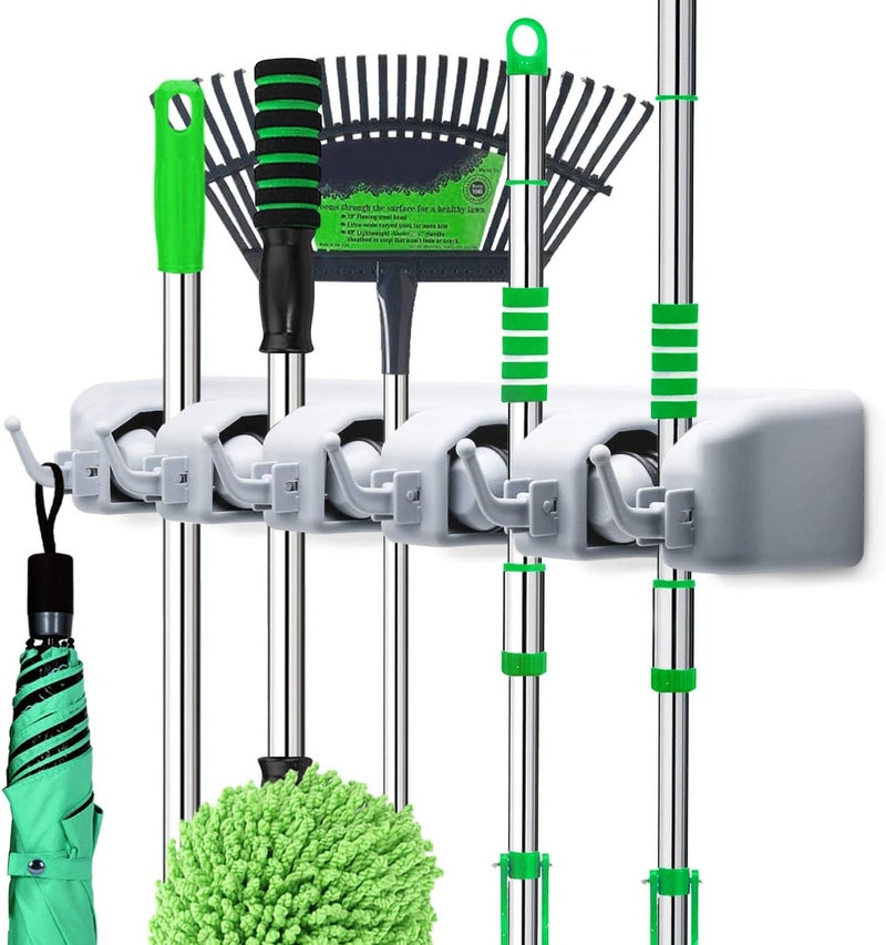 LETMY Broom Holder Wall Mounted - Mop and Broom Hanger Holder - Garage Storage Rack & Garden Tool Organizer - 5 Position 6 Hooks for Home, kitchen, Garden, Tools, Garage - Image 1